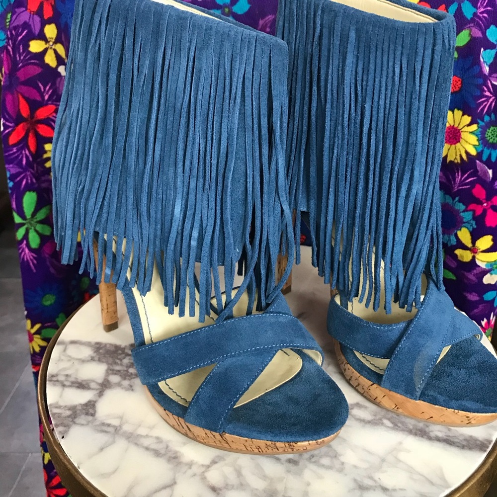 Blue suede heels with Fringe